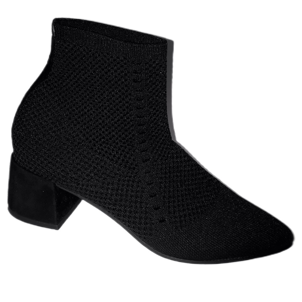 Eileen Fisher Black Purl Pointy Toe Slip-on Ankle Boot 8 Stretch Knit Block Heel